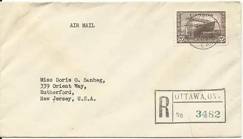 Canada 1942, EF 20 C. auf Einschreiben Brief v. Ottawa n. USA.