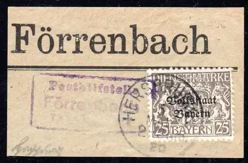 Bayern 1920, Posthilfstelle FÖRRENBACH Taxe Happurg auf Briefstück m Dienstmarke