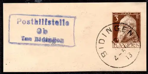 Bayern 1913, Posthilfstelle OB Taxe Bidingen auf Ganzsachenausschnitt