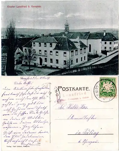 Bayern 1907, Posthilfstelle LENZFRIED Taxe Kempten i. Schw. auf sw-AK m. 5 Pf.
