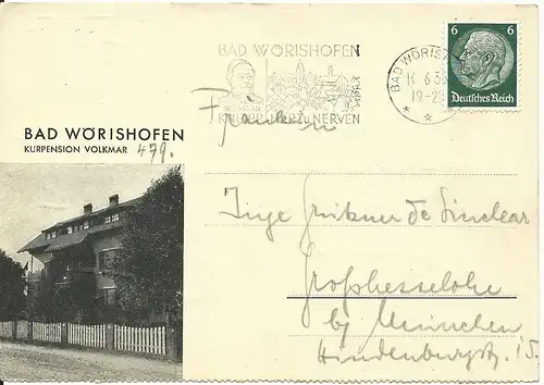 Bad Wörishofen 1935, Karte m. 6 Pf. u. Abb. Kurpension Volkmar 