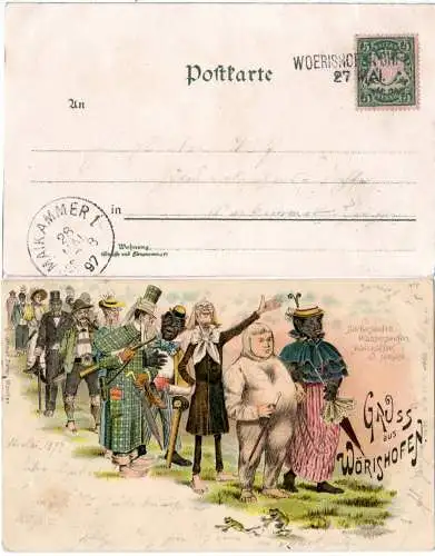 Gruss aus Wörishofen, Karikatur Litho-AK m. 5 Pf u. L2-Aushilfsstpl. WOERISHOFEN