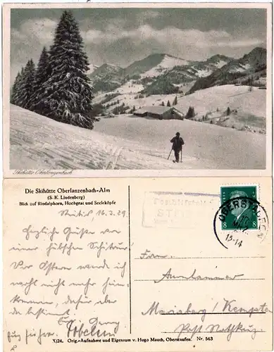 DR 1929, Posthilfstelle STEIBIS Taxe Oberstaufen auf Skihütte sw-AK m. 8 Pf.