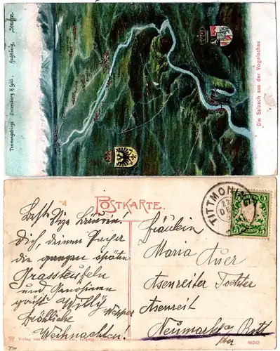 Bayern 1908, Reservestempel TITTMONING R auf Salzach Vogelschau-AK m. 5 Pf.