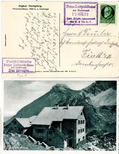 Bayern 1918, Posthilfstelle PRINZ-LUITPOLD-HAUS Taxe Hinterstein auf AK m. 5 Pf.