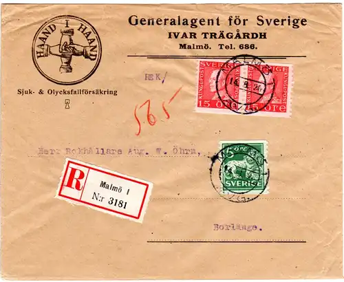 Schweden 1926, Paar15+5 öre auf illustriertem Firmen Einschreiben Brief v. Malmö