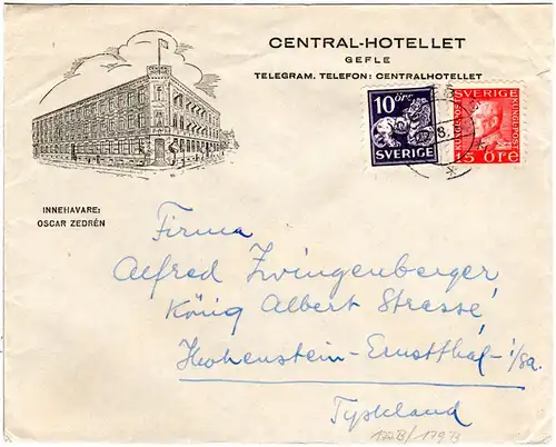Schweden 1934, 10+15 öre auf Hotel Brief v. Gefle n. Deutschland