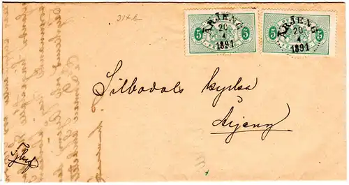 Schweden 1891, MeF 2x5 öre Dienstmarken auf Orts-Brief v. Arjeng