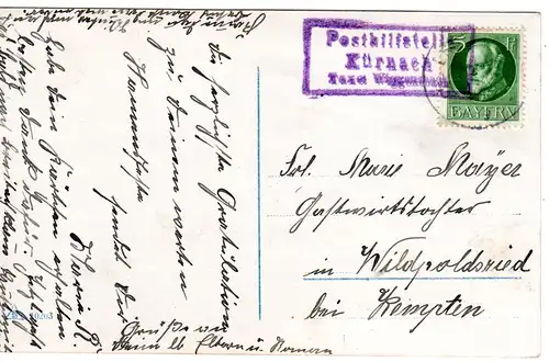 Bayern 1915, Posthilfstelle KÜRNACH Taxe Wiggensbach auf Karte m. 5 Pf.