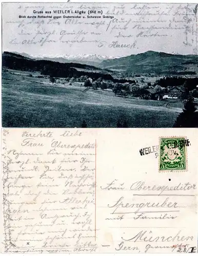 Bayern 1906, L2-Aushilfstempel WEILER BHF. auf Gruss aus... AK m. 5 Pf.