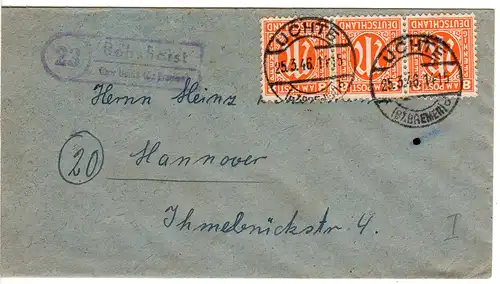 DR 1946, Landpost Stpl. 23 BOHNHORST über Uchte auf Brief m. MeF 3x8 Pf.