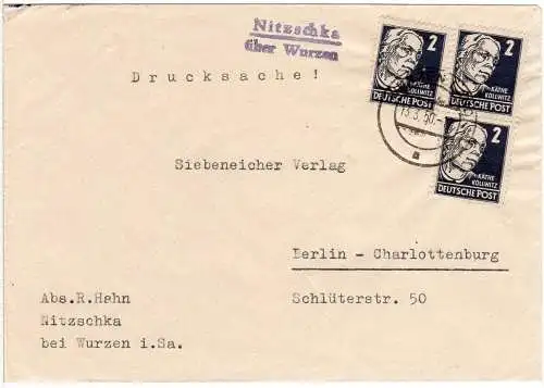 DDR 1950, Landpost Stpl. NITZSCHKA über Wurzen auf Drucksache Brief m. 3x2 Pf.