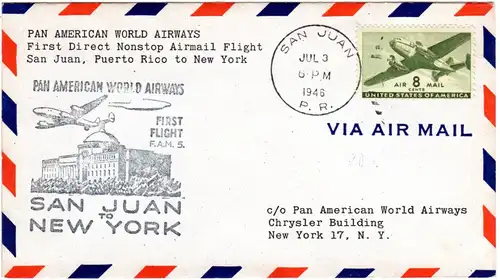 Puerto Rico 1946, 8 C. on first flight cover from San Juan to NY, USA