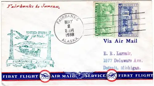 USA 1938, 1+6 C. on Alaska first flight cover from Fairbanks to Juneau