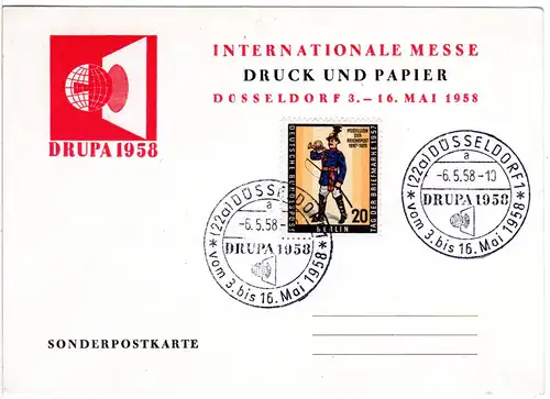 BRD 1958, 20 Pf. auf Ereigniskarte Int. Messe Druck u. Papier Hannover