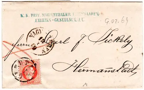 Österreich 1869, Mähren-K1 OLMÜTZ auf Firmen Brief m. 5 Kr. n. Siebenbürgen