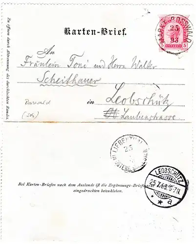 Österreich 1893, K1 MARKT ROSSWALD auf 5 Kr. Kartenbrief Ganzsache