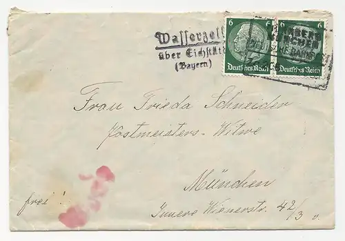 DR 1938, Landpost Stpl. Wasserzell über Eichstätt auf Brief m. Bahnpost Stempel