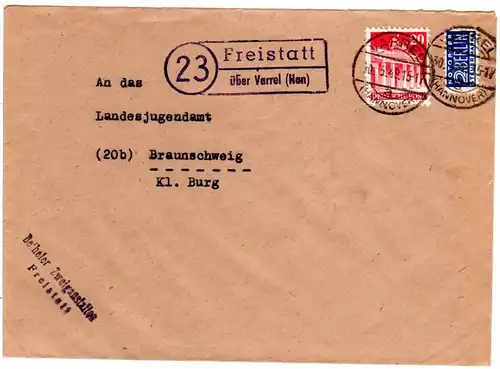1949, Landpost Stpl. 23 FREISTATT über Varrel (Han) auf Brief m. 20 Pf. 