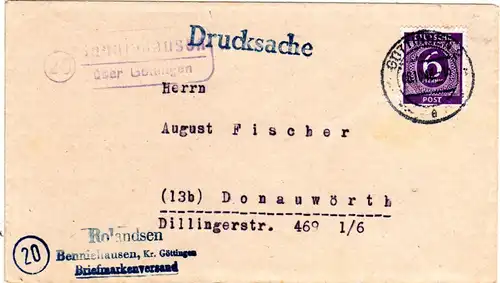1948, Landpost Stpl. 20 BENNIEHAUSEN über Göttingen auf Brief m. 6 Pf. 