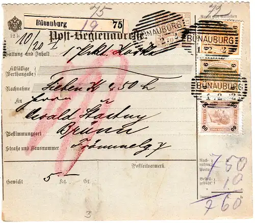 Österreich 1902, 60+2x6 H. auf Nachnahme Paketkarte m. Stpl. BÜNAUBURG