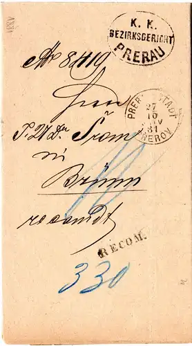 Österreich 1881, K1 PRERAU STADT u. L1 RECOM. auf Einschreiben Gerichts Brief