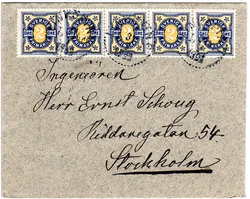 Schweden 1906, MeF 5er-Streifen 2 öre auf Brief v. LINKÖPING