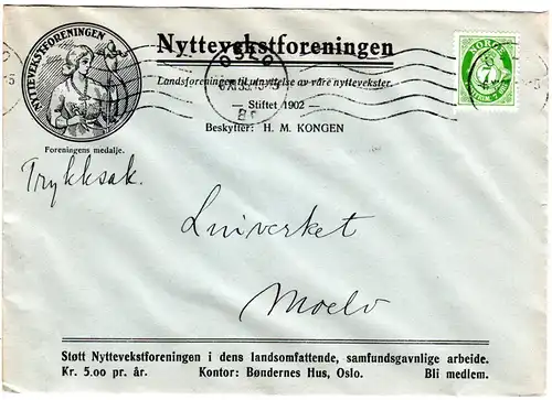 Norwegen 1935, 7 öre auf Nyttevekstforeningen Firmen Drucksache Brief v. Oslo