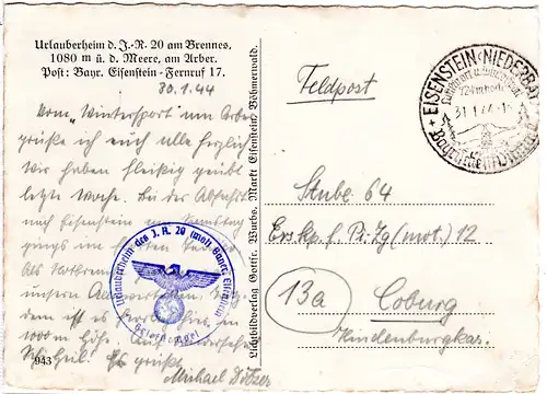 Bayr. Eisenstein, Urlauberheim am Brennes, 1944 per FP n. Coburg gebr. sw-AK