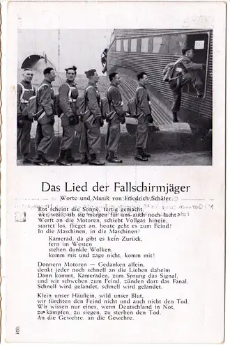 Das Lied der Fallschirmspringer, ungebr. sw-AK m. Soldaten u. Flugzeug JU 52