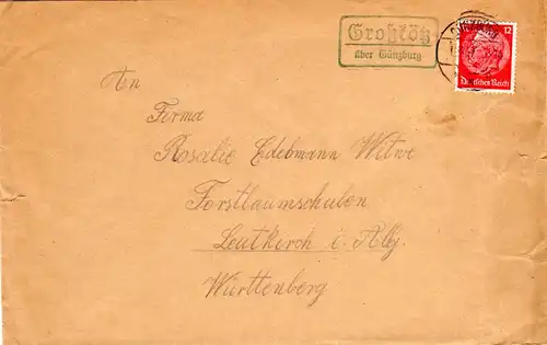 DR 1937, Landpost Stpl. GROSSKÖTZ über Günzburg auf Brief m. 12 Pf. 