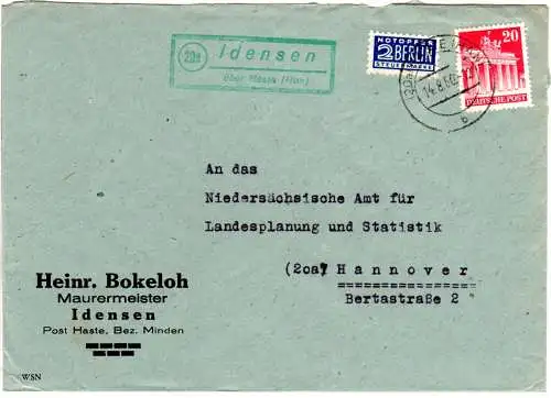 BRD 1950, Landpost Stpl. 20a IDENSEN über Haste auf Brief m. 20 Pf.