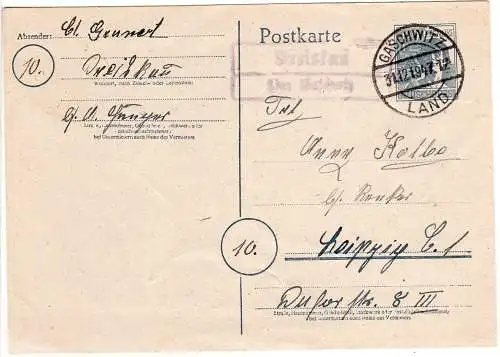 1947, Landpost Stpl. DREISKAU über Gaschwitz auf 12 Pf. Ganzsache.