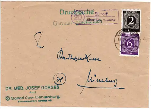 1947, Landpoststempel 20 SÜTTORF über Dahlenburg auf Drucksache Brief m. 2+6 Pf.