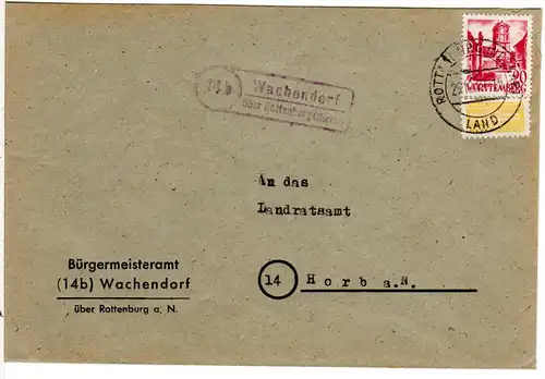 1949, Landpost Stpl. 14 b WACHENDORF über Rottenburg auf Bürgermeister Brief 