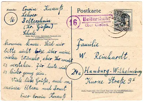 1948, Landpost Stpl. 16 BEITERSHAIN über Gießen auf 12 Pf. Ganzsache.