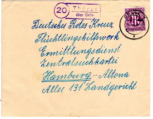 AM-Post 1945, Landpost Stpl. 20 THÖREN über Celle auf Brief m. 12 Pf. 
