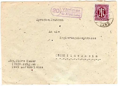 AM-Post 1946, Landpost Stpl. 20 VARRIGSEN über Alfeld auf Brief m. 12 Pf. 