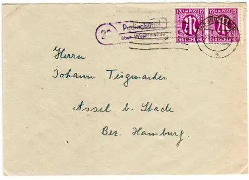 1946, Landpost Stpl. 20 PADINGBÜTTEL über Wesermünde auf Brief m. Paar 12 Pf. 