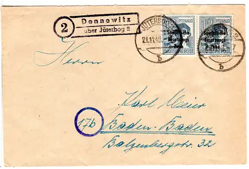 SBZ 1948, Landpost Stpl. 2 DENNEWITZ über Jüterborg 2 auf Brief m. Paar 12 Pf.