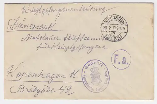 DR 1917, KGF POW Zensur Brief v. Königstein (Elbe) n. Dänemark. #2007