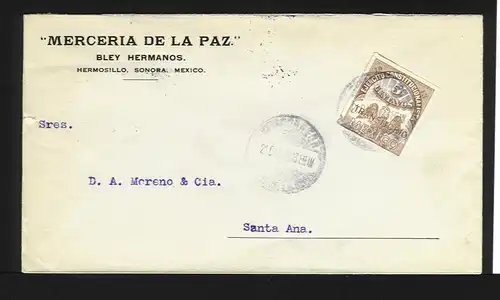 Mexico 1913, Transitorio 5 Cvos. auf gelaufenem Firmen Brief n. Santa Ana.#1181