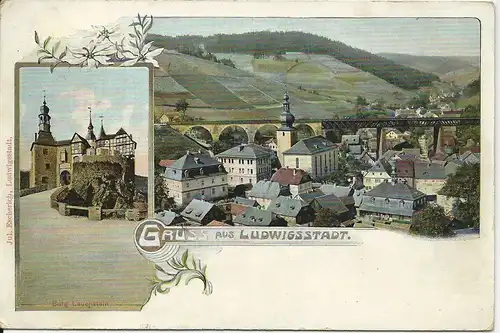 Gruss aus Ludwigsstadt, gebr. Litho AK m. Eisenbahn Brücke. #856