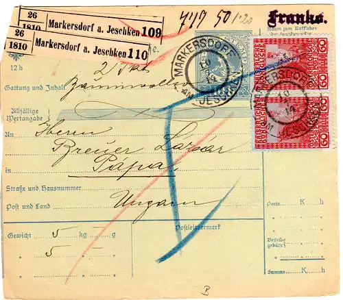 Österreich 1914, Paar 60 H. auf Paketkarte v. Markersdorf am Jeschken n. Ungarn.