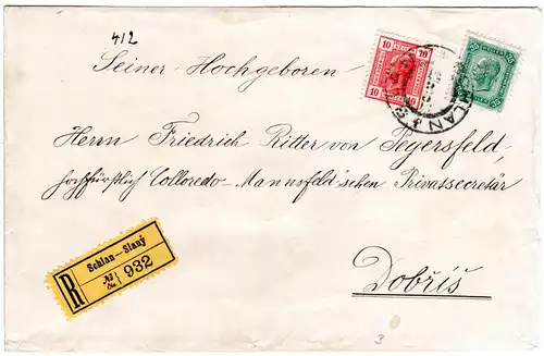 Österreich 1906, 10+35 H. auf Einschreiben Brief v. SCHLAN