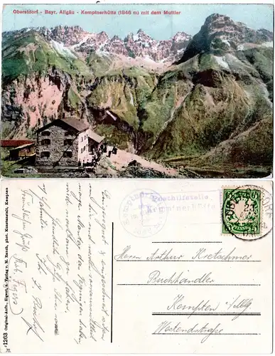 Bayern 1909, Posthilfstelle KEMPTNERHÜTTE Taxe Oberstdorf auf Farb-AK m. 5 Pf.