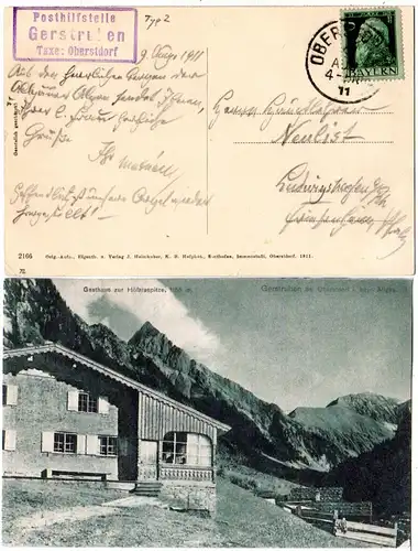 Bayern 1911, Posthilfstelle GERSTRUBEN Taxe Oberstdorf auf sw-AK m. 5 Pf.