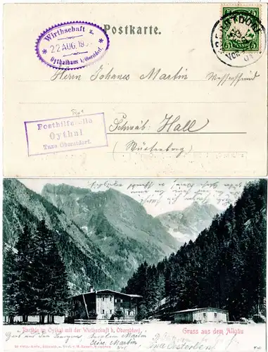 Bayern 1901, Posthilfstelle OYTHAL Taxe Oberstdorf auf sw-AK m. 5 Pf.