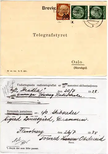 DR 1936, Paar 6+3 Pf. auf Norwegen Radiotelegrafist Karte Schiff M/S Acadia