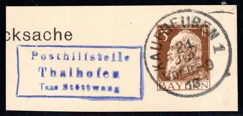 Bayern 1913, Posthilfstelle THALHOFEN Taxe Stöttwang auf Ganzsachenausschnitt